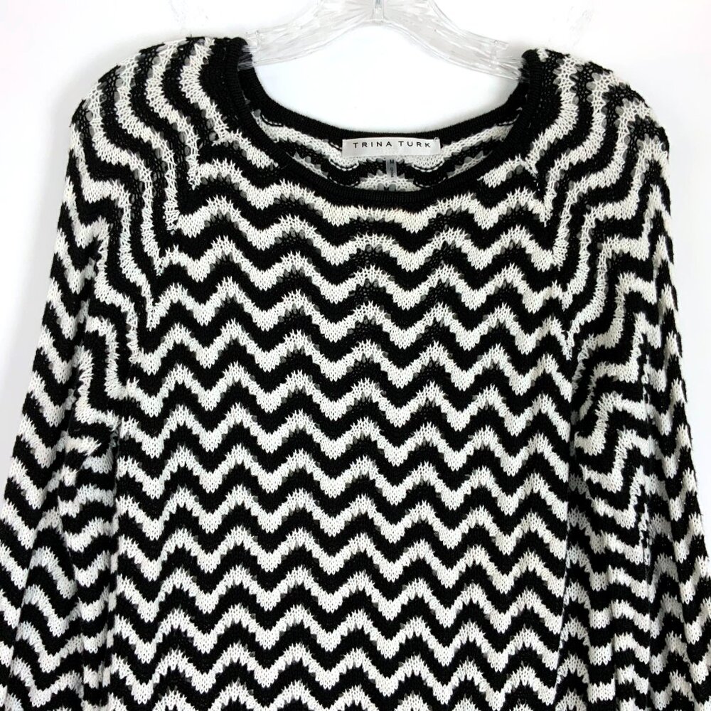 Trina Turk Black & White Chevron Pattern Knit Cotton Sweater Sz M - Picture 10 of 16
